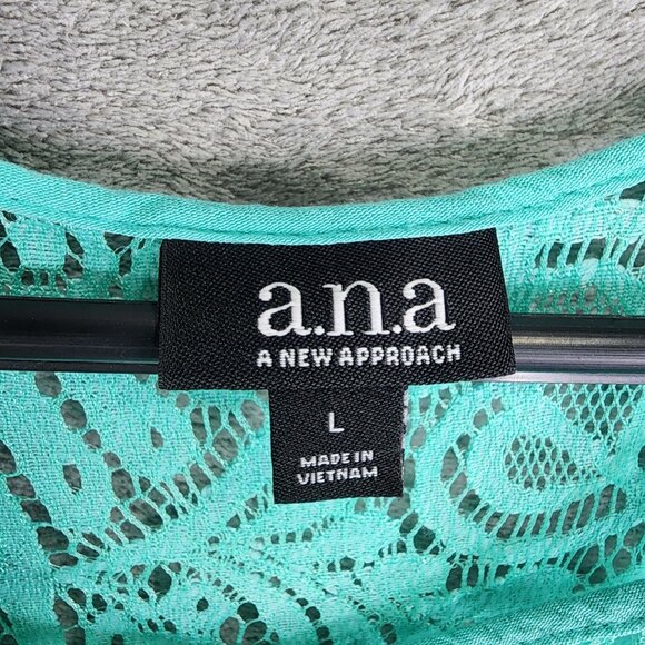 Women's A.N.A Turquoise Lace Yoke Top Blouse Short Sleeve Round Neck Size L - Picture 6 of 11